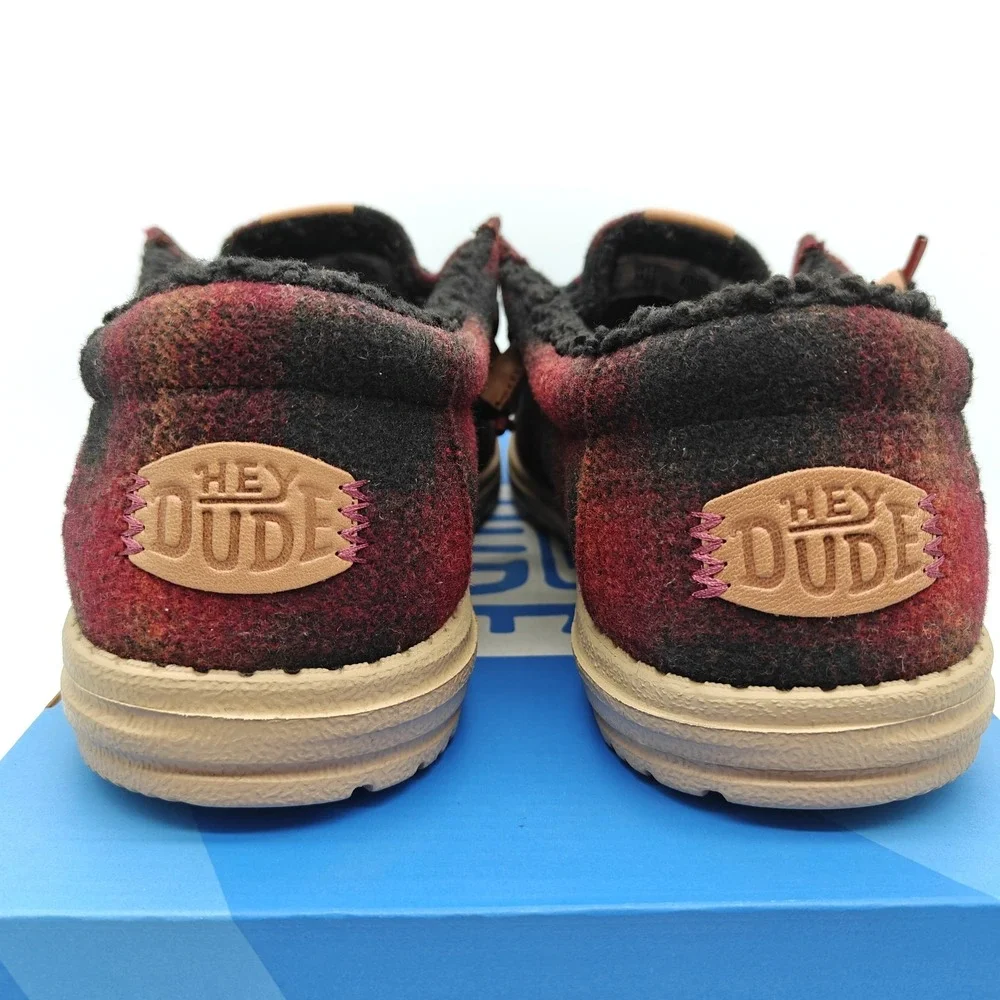 HEYDUDE Wally Cozy Plaid Men's Size 12 Red Plaid Black Slip On Shoes 44341-6RQ